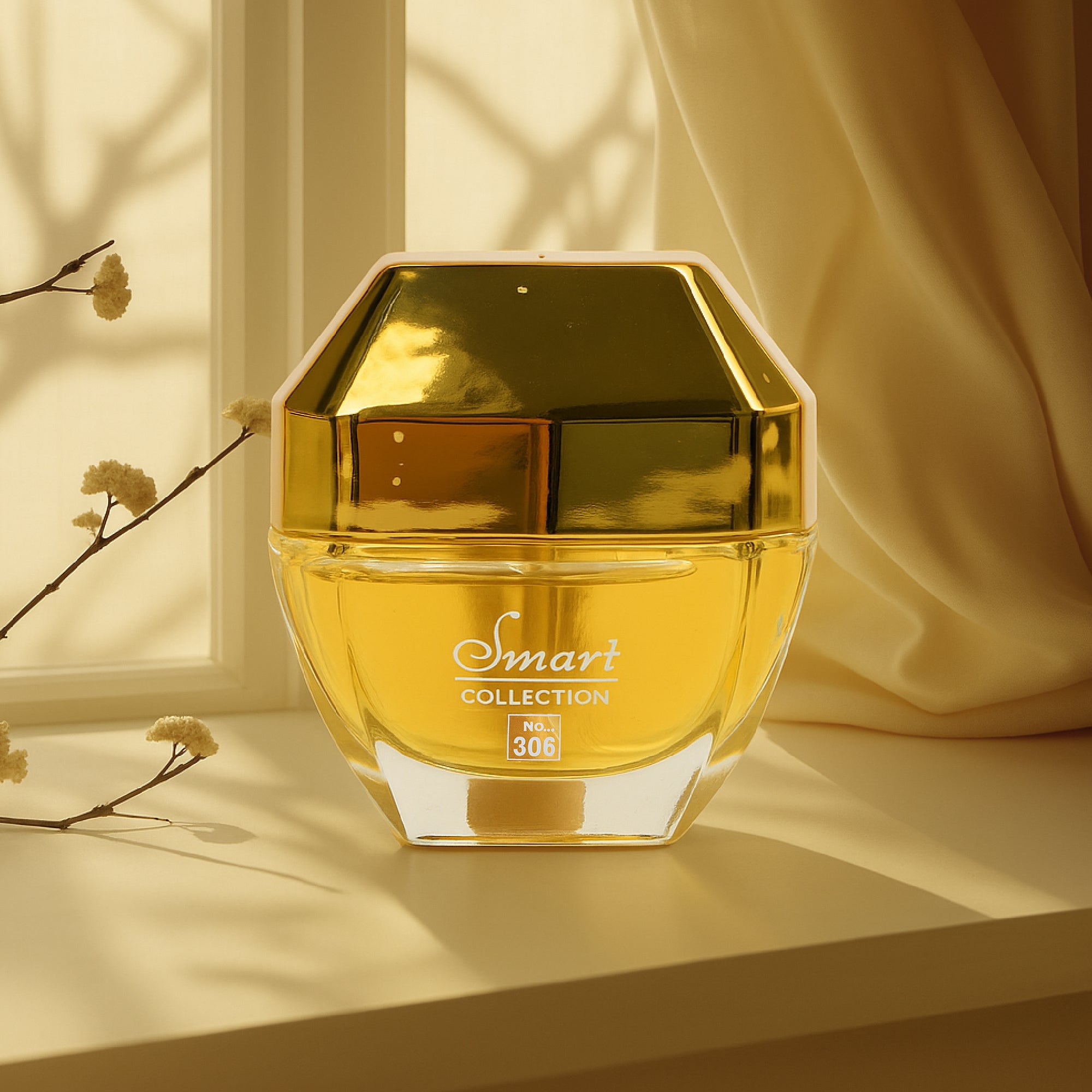 Gold cosmetic jar with 'Smart Collection' branding on a light surface.