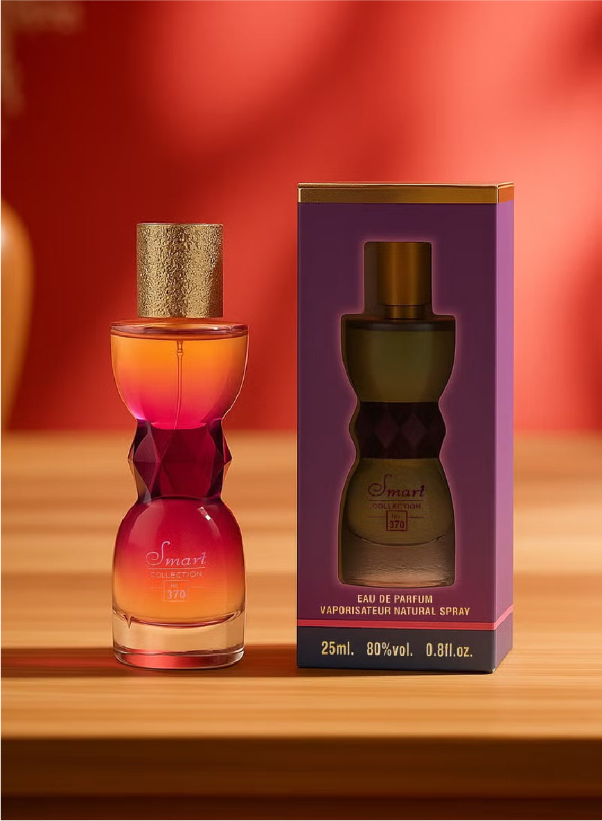 Perfume bottle and packaging on a wooden surface with a red background