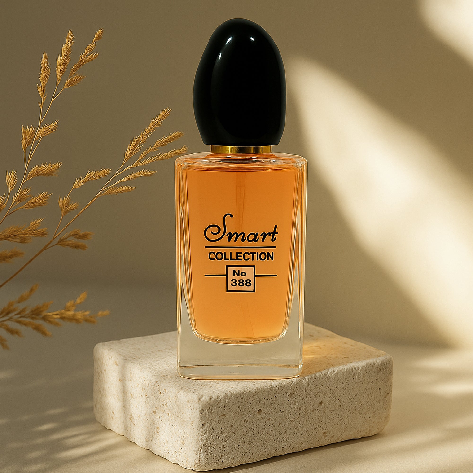 Perfume bottle labeled 'Smart Collection No 388' on a stone platform with dried grasses.