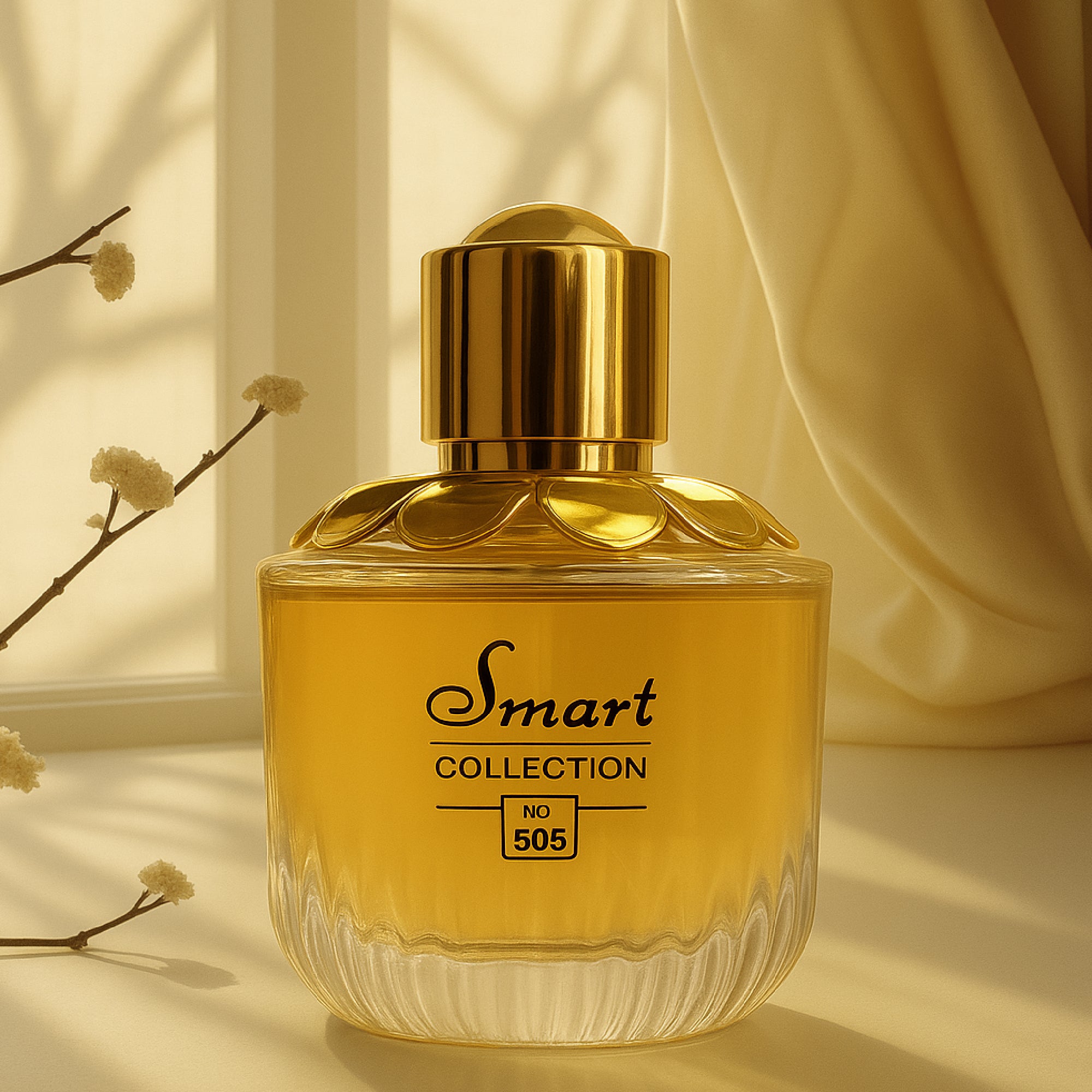 Gold perfume bottle with 'Smart Collection' label on a beige background