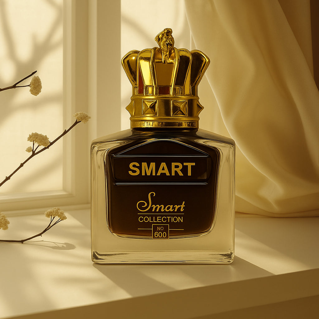 Perfume bottle with gold cap and 'Smart' branding on a light background