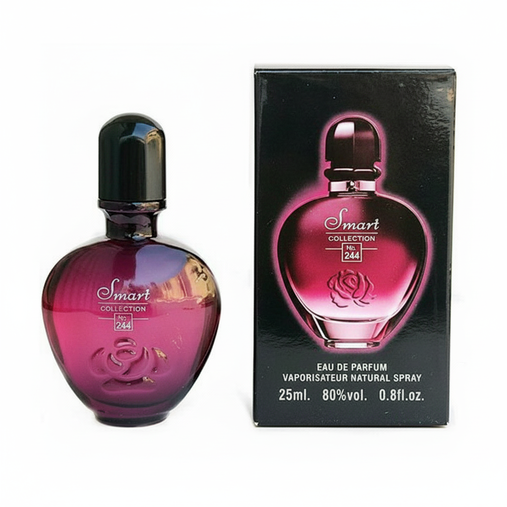 Pink perfume bottle with black cap and 'Smart Collection' branding next to its packaging on a white background.