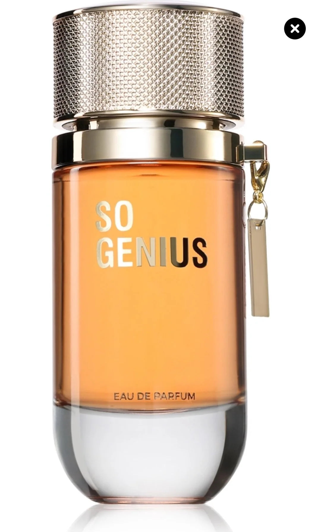 Perfume bottle labeled 'So Genius' with a metallic cap on a white background