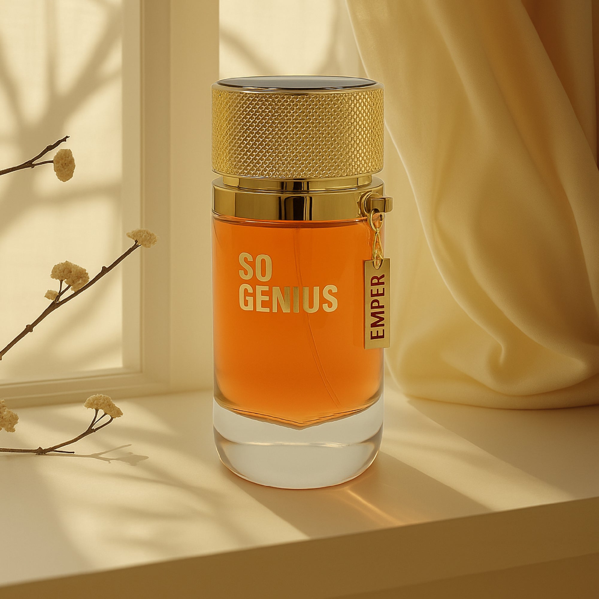 Perfume bottle labeled 'So Genius' with gold cap on a light background